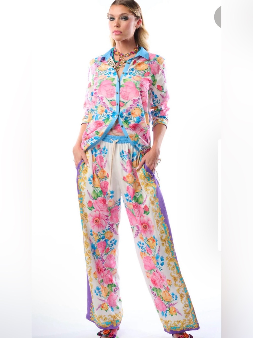 Aratta SET Blossom Floral Print button-up Top and Wide-Leg Pants size Small NWT